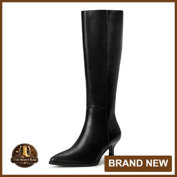 Shoes - Knee High Boots Pointed Toe Kitten Heel Side Zipper Dress Boots